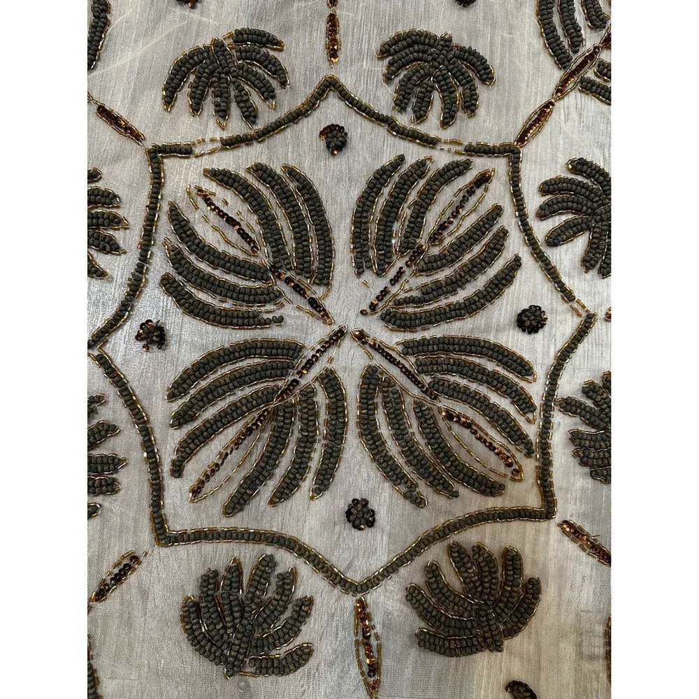 Vintage Beaded Mesh Tablecloth Linen Bronze Floral Scalloped Decorative